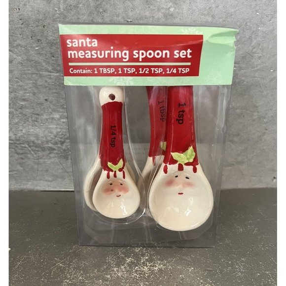 Santa Claus Ceramic Measuring Spoon Set Red/White Christmas Holiday Baking - Picture 2 of 3